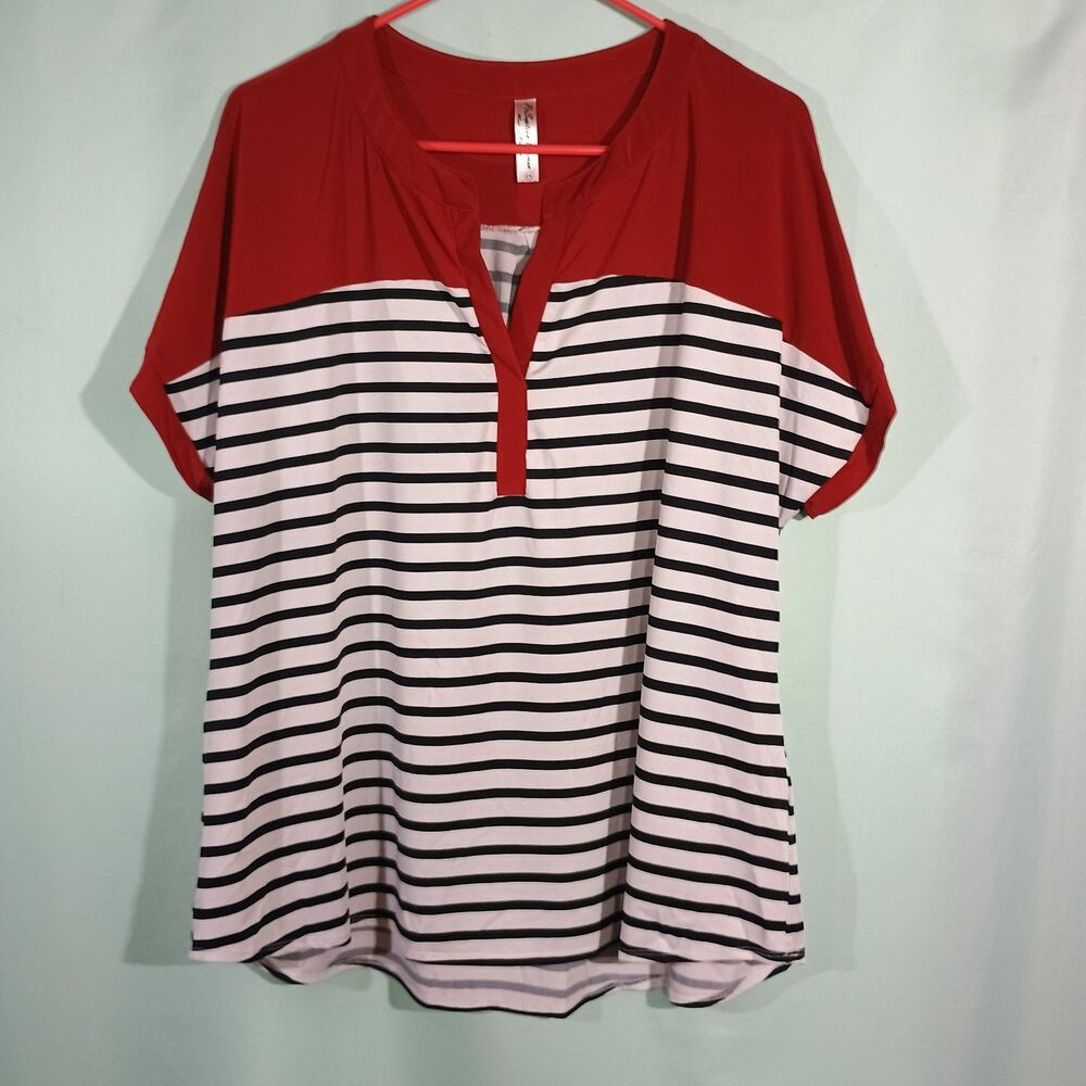 Women's Striped Top Red White Black Short Sleeve Casual Blouse